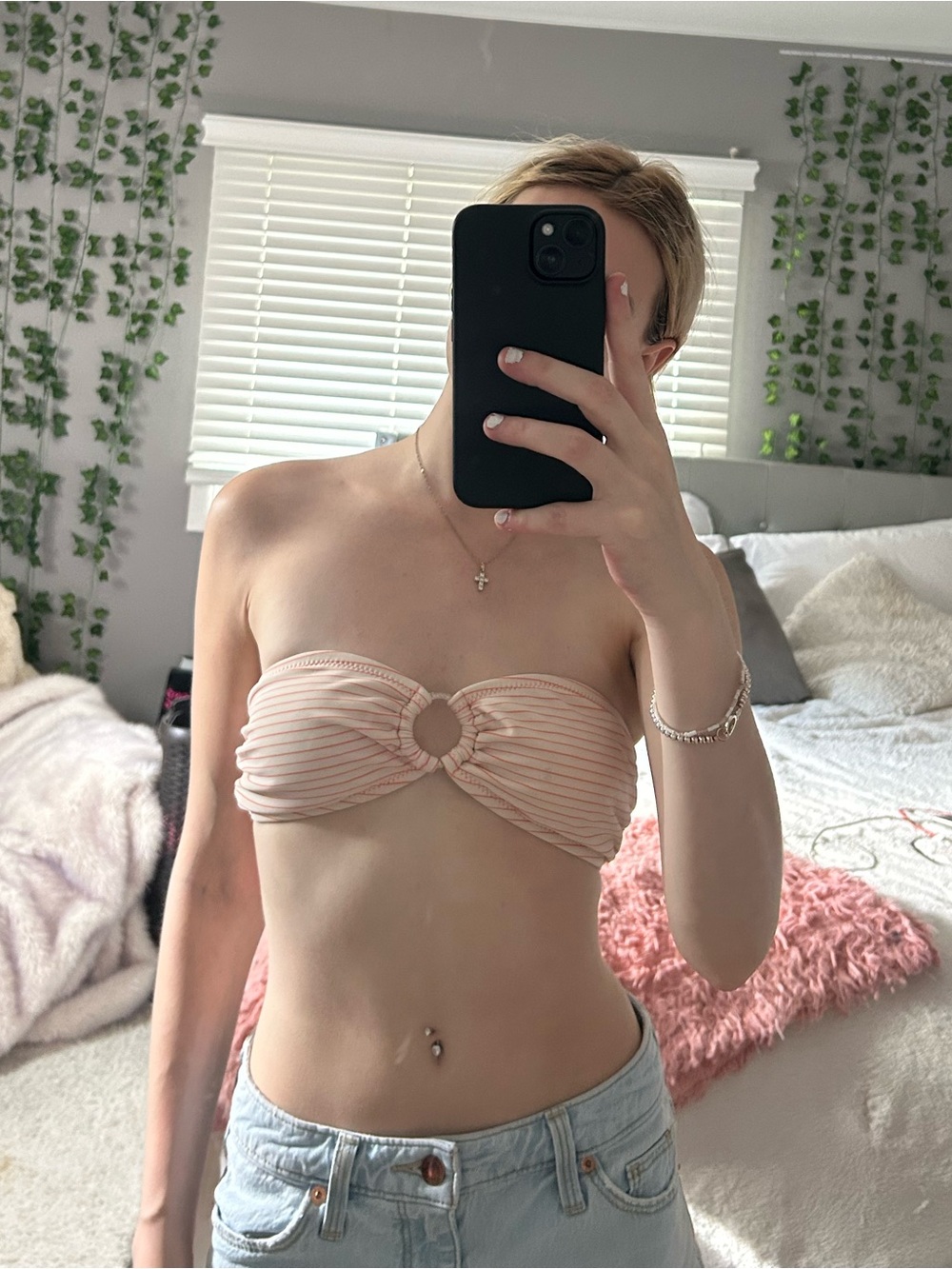 Pink Stripe Swim Top with Ring Detail